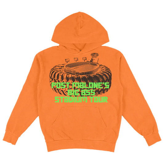 Post Malone Big Ass Stadium Tour Orange Hoodie front view featuring monster tire stadium graphic and bold tour artwork on bright orange hoodie