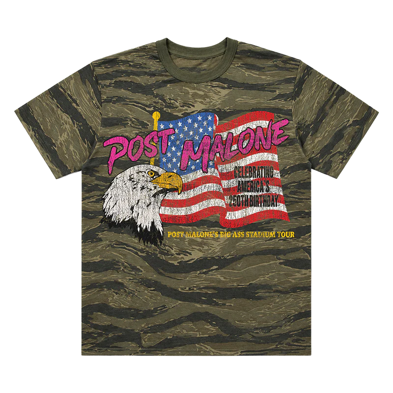 Big Ass Stadium Tour Tiger Camo Tee front view with dark tiger camo print, Post Malone logo, eagle graphic, USA flag artwork, and tour text