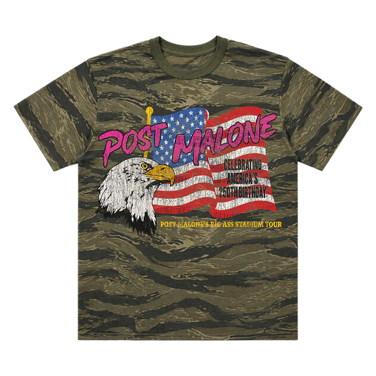 Big Ass Stadium Tour Tiger Camo Tee front view with dark tiger camo print, Post Malone logo, eagle graphic, USA flag artwork, and tour text