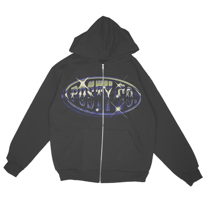 Post Malone Big Ass Stadium Tour zip hoodie front view featuring Posty Co logo graphic on black full zip hoodie