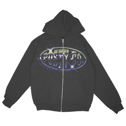 Post Malone Big Ass Stadium Tour zip hoodie front view featuring Posty Co logo graphic on black full zip hoodie