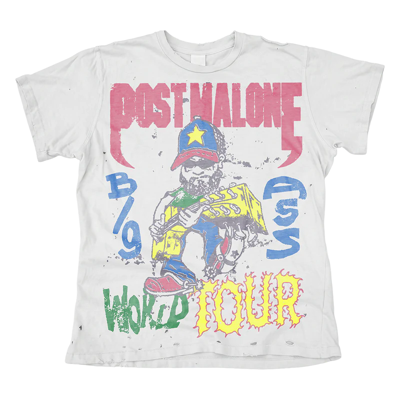 Big Ass World Tour Illustrated T-Shirt front view with distressed white fabric, pink Post Malone logo, colorful character artwork, and bold tour graphics