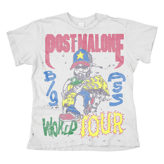 Big Ass World Tour Illustrated T-Shirt front view with distressed white fabric, pink Post Malone logo, colorful character artwork, and bold tour graphics