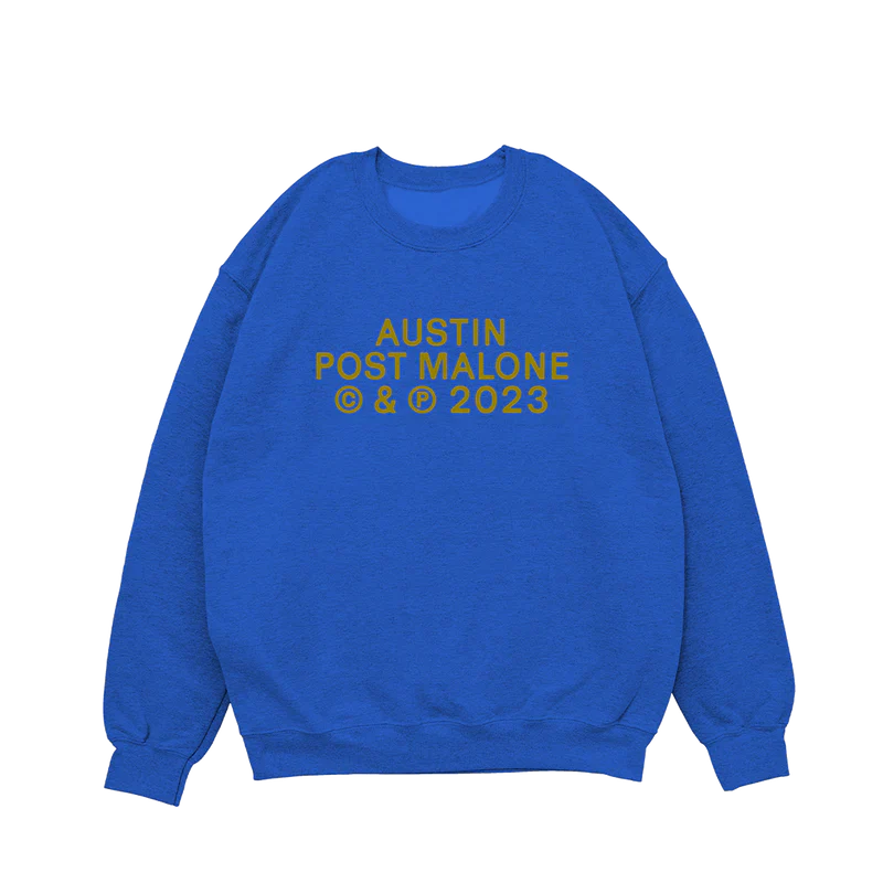 Post Malone Blue Tour Crewneck front view featuring Austin album branding and 2023 release artwork printed in gold on a royal blue heavyweight sweatshirt from the Austin merchandise collection