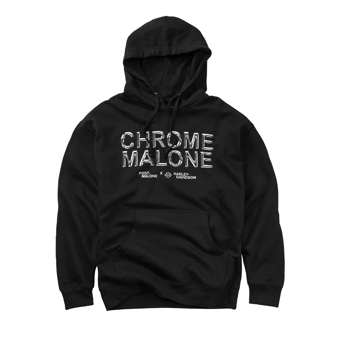 Post Malone x Harley-Davidson Chrome Malone Pullover Hoodie front view featuring metallic chrome lettering, collaboration branding, and premium black heavyweight fleece construction