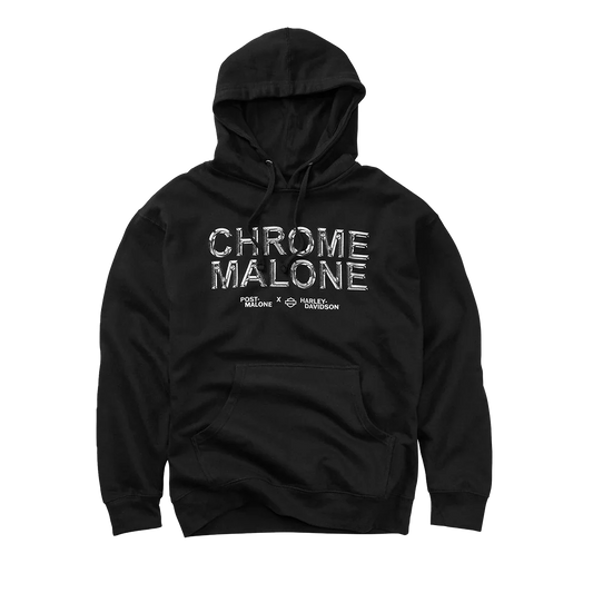 Post Malone x Harley-Davidson Chrome Malone Pullover Hoodie front view featuring metallic chrome lettering, collaboration branding, and premium black heavyweight fleece construction