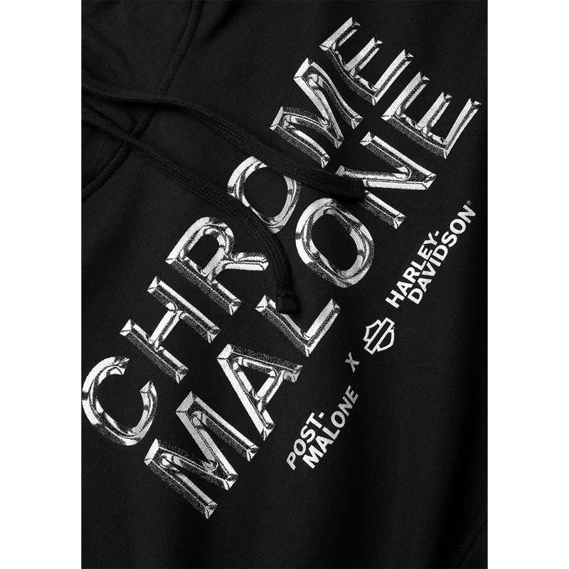 Close-up sleeve detail of Post Malone x Harley-Davidson Chrome Malone Hoodie featuring collaboration logo print and premium black heavyweight fabric construction