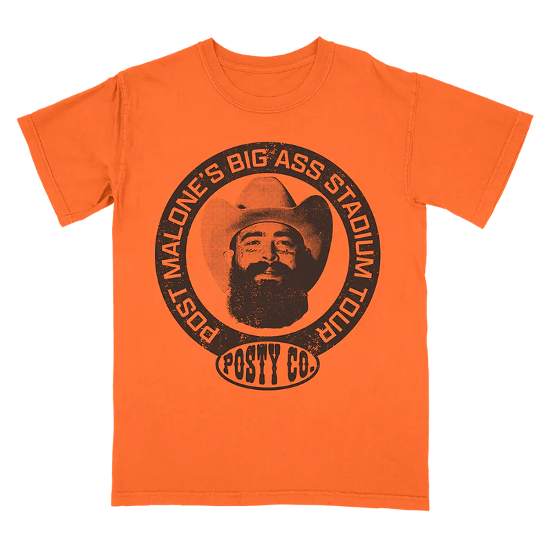 Post Malone Big Ass Stadium Tour Circle Logo T-shirt front view featuring cowboy hat portrait artwork, Posty Co branding, and western-inspired graphic printed on a vibrant orange concert tee from the Big Ass Stadium Tour merchandise collection