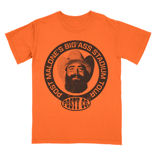 Post Malone Big Ass Stadium Tour Circle Logo T-shirt front view featuring cowboy hat portrait artwork, Posty Co branding, and western-inspired graphic printed on a vibrant orange concert tee from the Big Ass Stadium Tour merchandise collection
