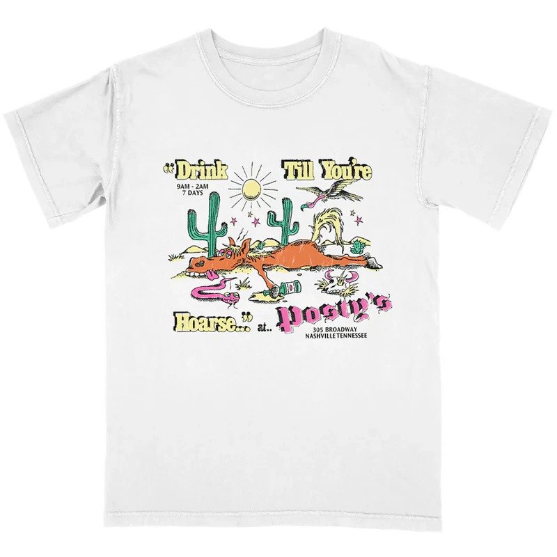 Drink Till You're Hoarse Posty's T Shirt front view in white featuring Nashville inspired cartoon desert graphic with coyote cactus artwork and Post Malone themed design