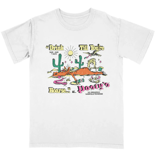 Drink Till You're Hoarse Posty's T Shirt front view in white featuring Nashville inspired cartoon desert graphic with coyote cactus artwork and Post Malone themed design