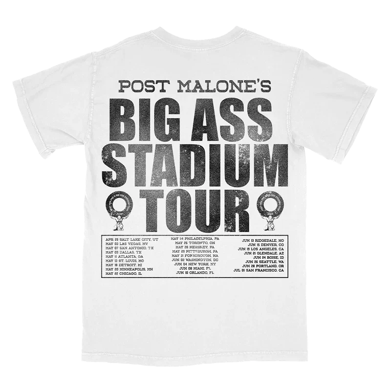 Post Malone Emoji Tour Tee back view featuring oversized Big Ass Stadium Tour typography, 2025 North American tour dates, and event schedule graphic printed on a white tour merchandise T-shirt from the Big Ass Stadium Tour collection