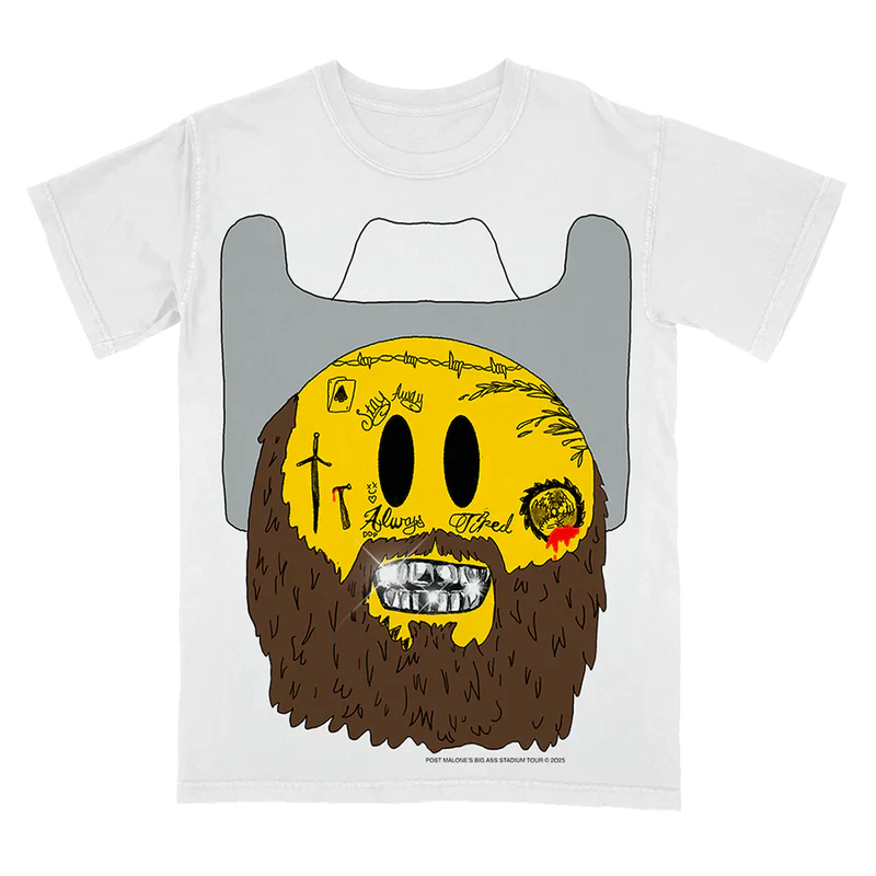 Post Malone Emoji Tour Tee front view featuring illustrated cowboy emoji character artwork with beard, grillz, tattoo-inspired doodles, and western hat design created for the Big Ass Stadium Tour 2025 collection on a white concert T-shirt