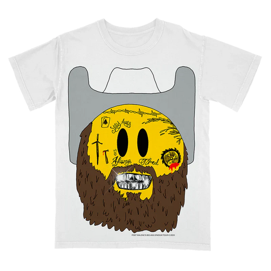 Post Malone Emoji Tour Tee front view featuring illustrated cowboy emoji character artwork with beard, grillz, tattoo-inspired doodles, and western hat design created for the Big Ass Stadium Tour 2025 collection on a white concert T-shirt