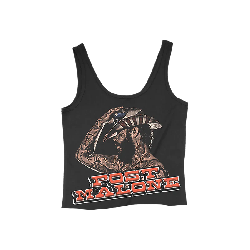 Post Malone F-1 Trillion cropped tank top front view featuring western cowboy portrait graphic and country album inspired design