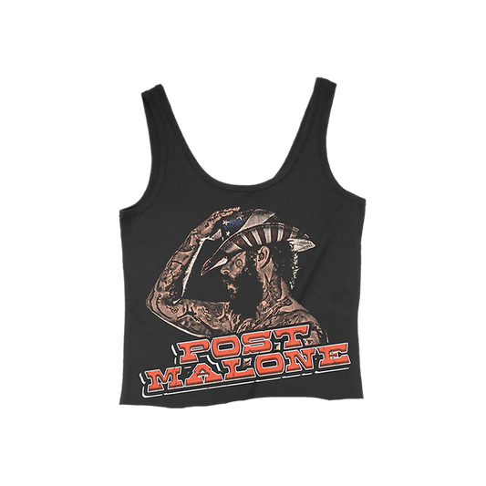 Post Malone F-1 Trillion cropped tank top front view featuring western cowboy portrait graphic and country album inspired design