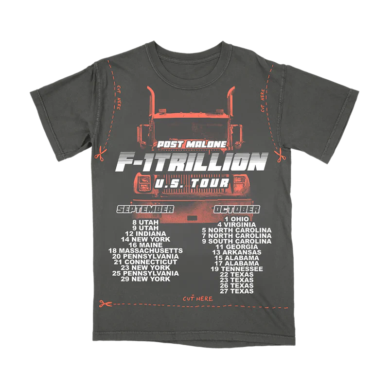 Post Malone F-1 Trillion DIY Cut Out Tee front view featuring truck graphic, U.S. Tour dates artwork and cut-here design details from the F-1 Tril