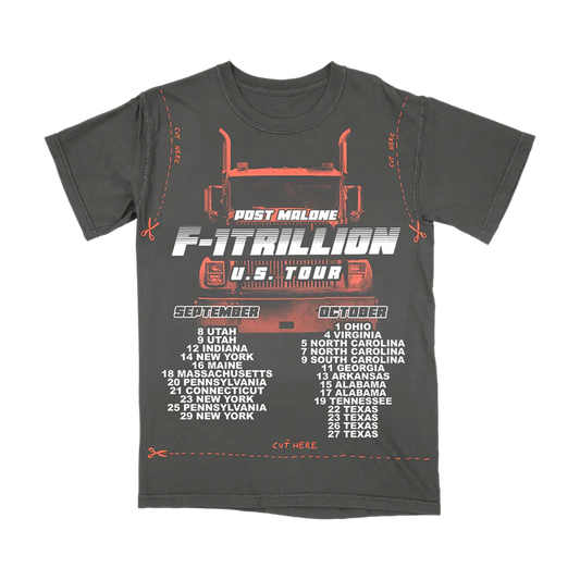 Post Malone F-1 Trillion DIY Cut Out Tee front view featuring truck graphic, U.S. Tour dates artwork and cut-here design details from the F-1 Tril