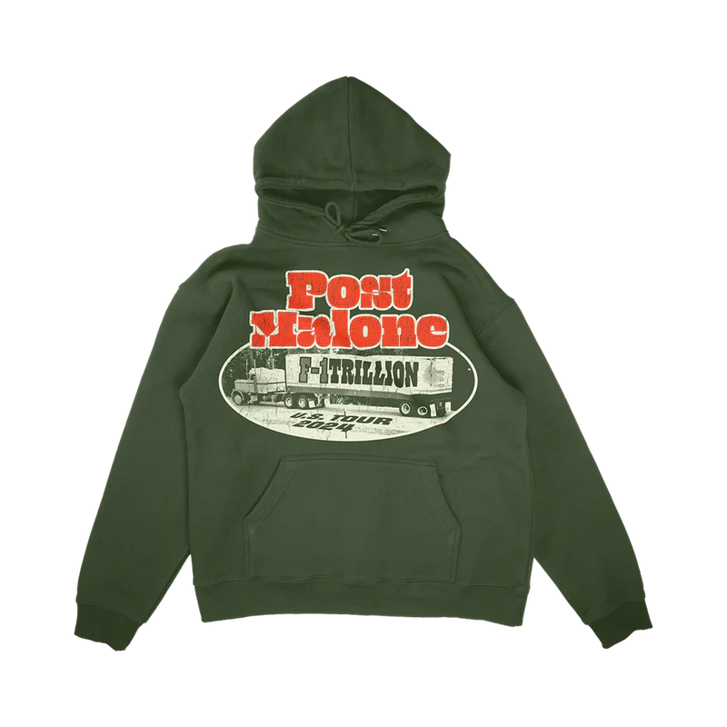 Post Malone F 1 Trillion Green Tour Hoodie front view in green featuring vintage truck graphic with F 1 Trillion U S Tour 2024 artwork and kangaroo pocket design