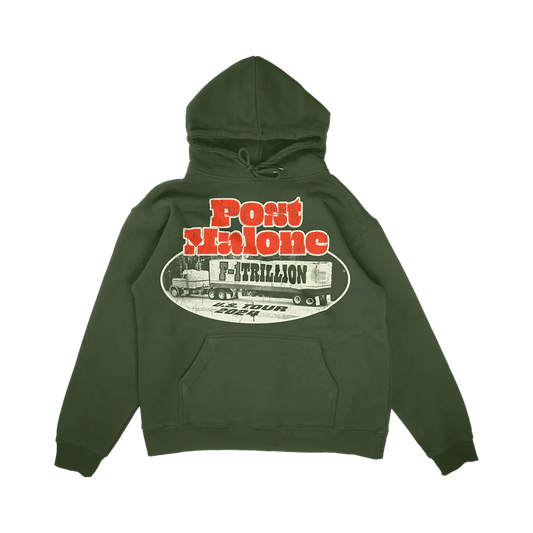 Post Malone F 1 Trillion Green Tour Hoodie front view in green featuring vintage truck graphic with F 1 Trillion U S Tour 2024 artwork and kangaroo pocket design