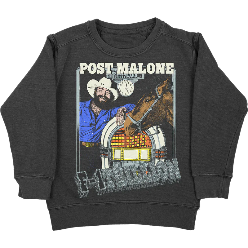 Post Malone F-1 Trillion Jukebox Crewneck front view featuring western portrait, horse graphic and vintage jukebox artwork from the F-1 Trillion collection