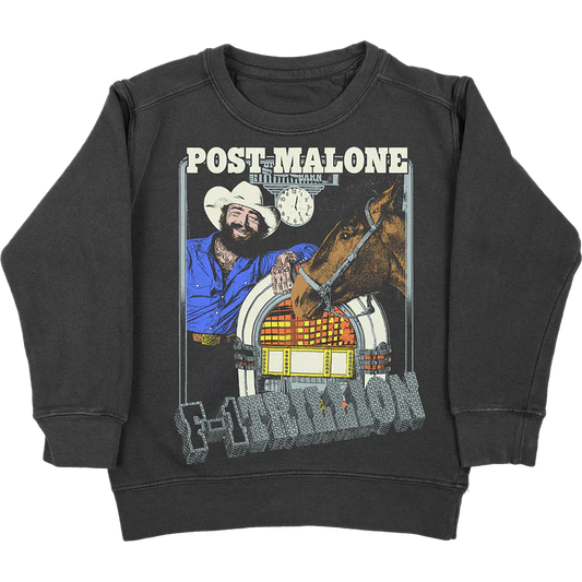 Post Malone F-1 Trillion Jukebox Crewneck front view featuring western portrait, horse graphic and vintage jukebox artwork from the F-1 Trillion collection