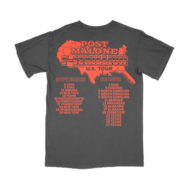 Post Malone F 1 Trillion Outlaw Tour Tee back view in washed black featuring F 1 Trillion U S Tour map graphic with printed tour dates and states artwork across the back design