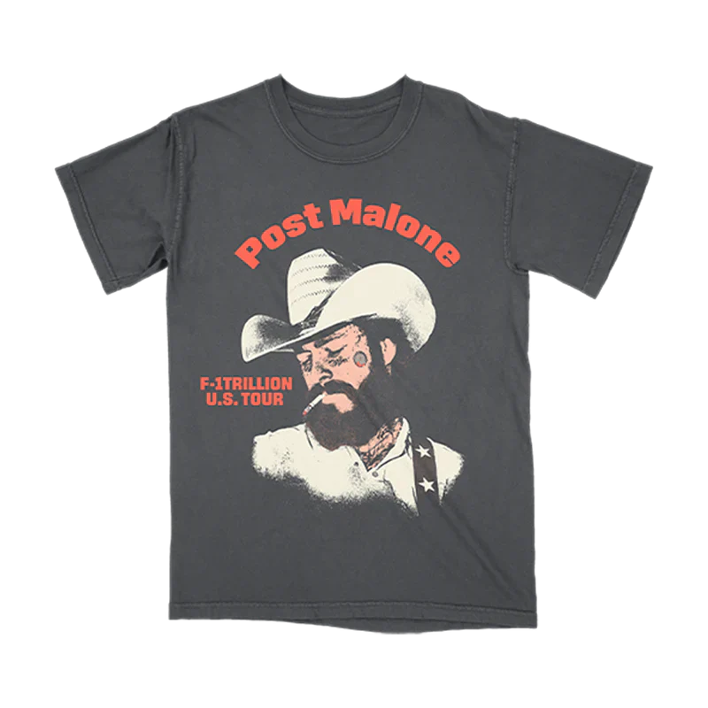 Post Malone F 1 Trillion Outlaw Tour Tee front view in washed black featuring western cowboy portrait graphic with F 1 Trillion U S Tour artwork inspired by the country album era
