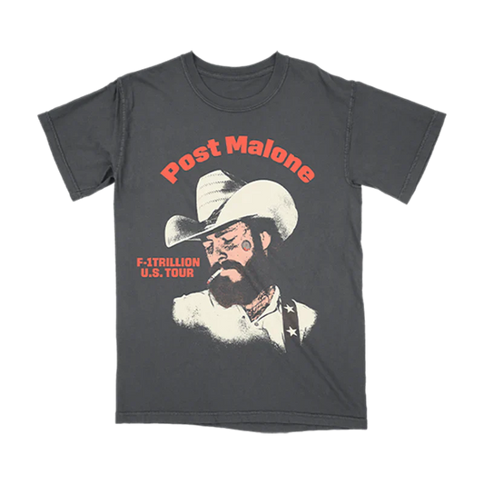 Post Malone F 1 Trillion Outlaw Tour Tee front view in washed black featuring western cowboy portrait graphic with F 1 Trillion U S Tour artwork inspired by the country album era