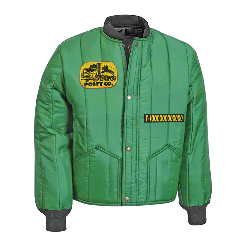 Post Malone F-1 Trillion padded jacket front view featuring Posty Co patch, F-1 Trillion graphic badge and insulated green outerwear design