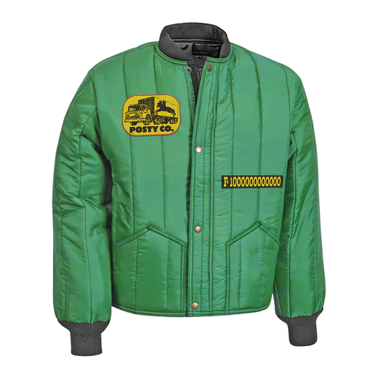 Post Malone F-1 Trillion padded jacket front view featuring Posty Co patch, F-1 Trillion graphic badge and insulated green outerwear design