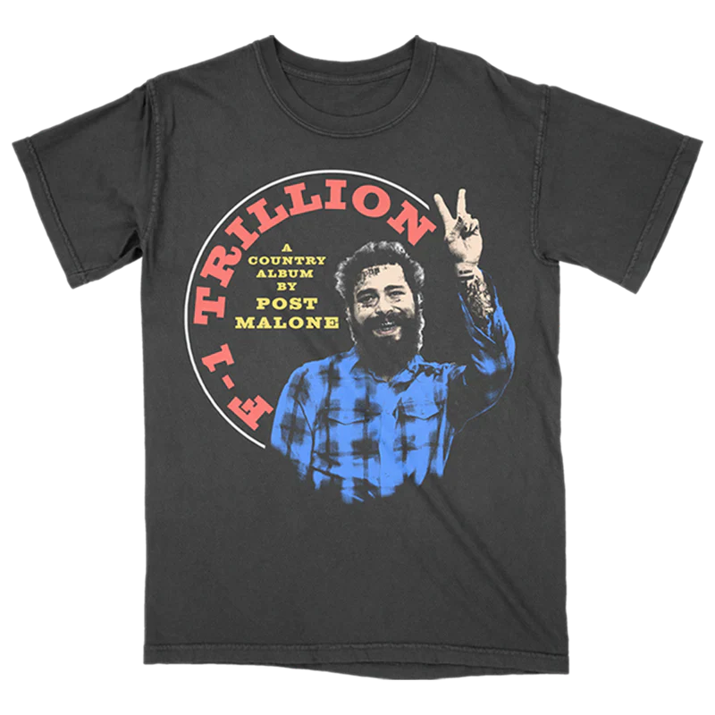 Post Malone F 1 Trillion Peace T Shirt front view in washed black featuring smiling Post Malone portrait peace sign graphic and F 1 Trillion country album artwork inspired by the album release era