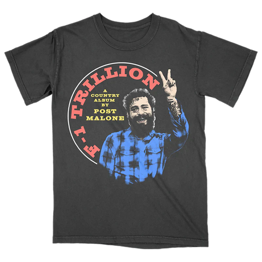 Post Malone F 1 Trillion Peace T Shirt front view in washed black featuring smiling Post Malone portrait peace sign graphic and F 1 Trillion country album artwork inspired by the album release era