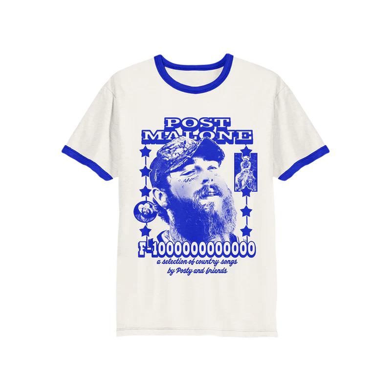 Post Malone F-1 Trillion Ringer T-Shirt front view featuring blue portrait graphic and country music artwork from the F-1 Trillion collection on white ringer tee