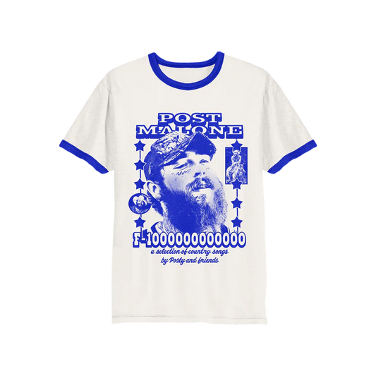Post Malone F-1 Trillion Ringer T-Shirt front view featuring blue portrait graphic and country music artwork from the F-1 Trillion collection on white ringer tee