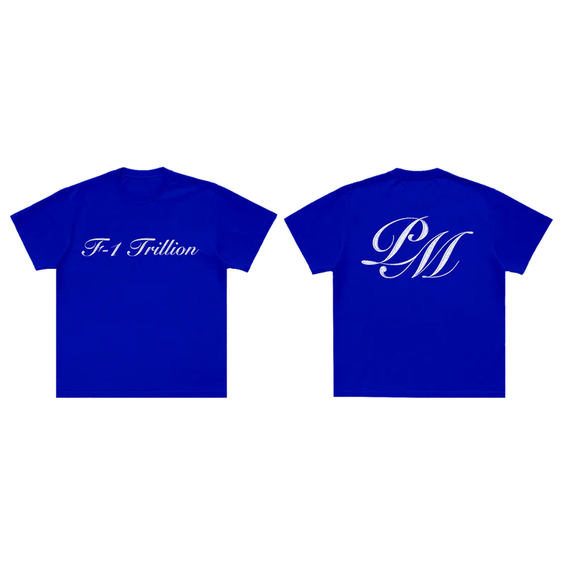Post Malone F-1 Trillion T-Shirt front and back view featuring script logo chest print and large PM monogram graphic