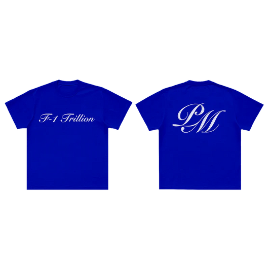 Post Malone F-1 Trillion T-Shirt front and back view featuring script logo chest print and large PM monogram graphic