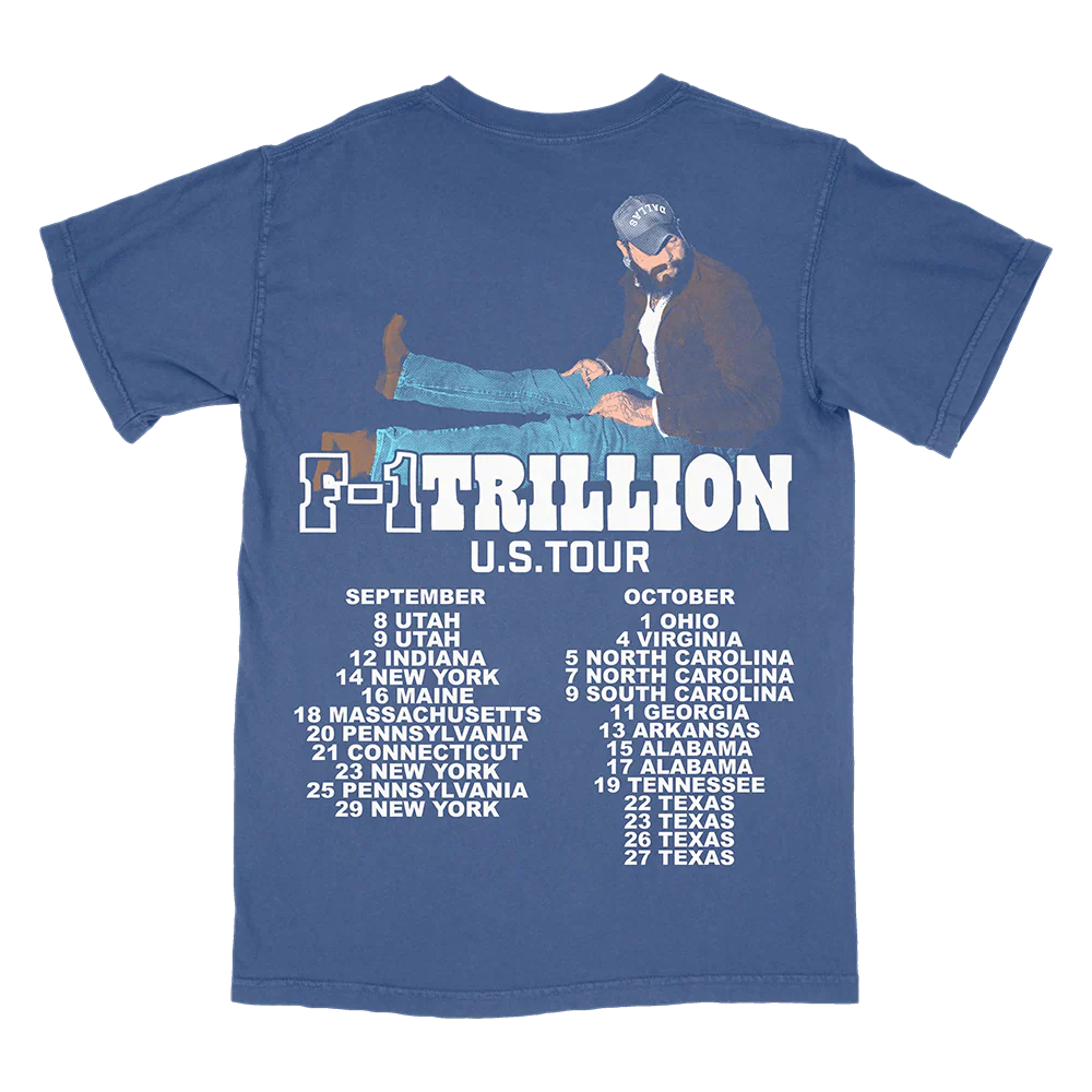 Post Malone F-1 Trillion Tour Collage T-Shirt back view featuring U.S. tour dates graphic and F-1 Trillion tour artwork on blue tee