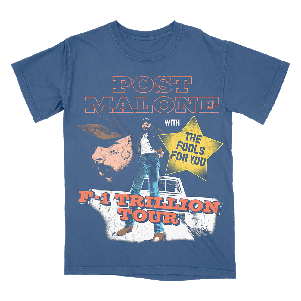 Post Malone F-1 Trillion Tour Collage T-Shirt front view featuring western portrait graphics, pickup truck artwork and The Fools For You collaboration design
