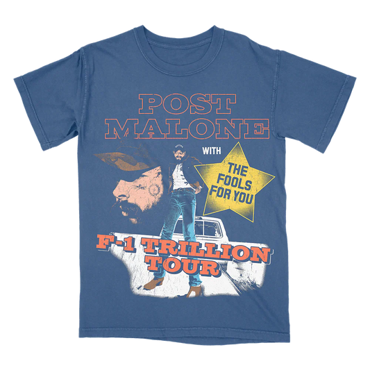 Post Malone F-1 Trillion Tour Collage T-Shirt front view featuring western portrait graphics, pickup truck artwork and The Fools For You collaboration design