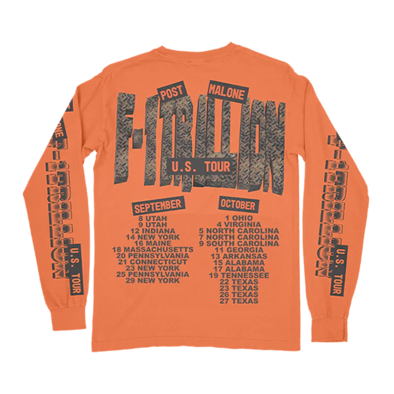 Post Malone F 1 Trillion Tour Horse Long Sleeve back view in orange featuring F 1 Trillion U S Tour typography with printed tour dates graphic on back panel