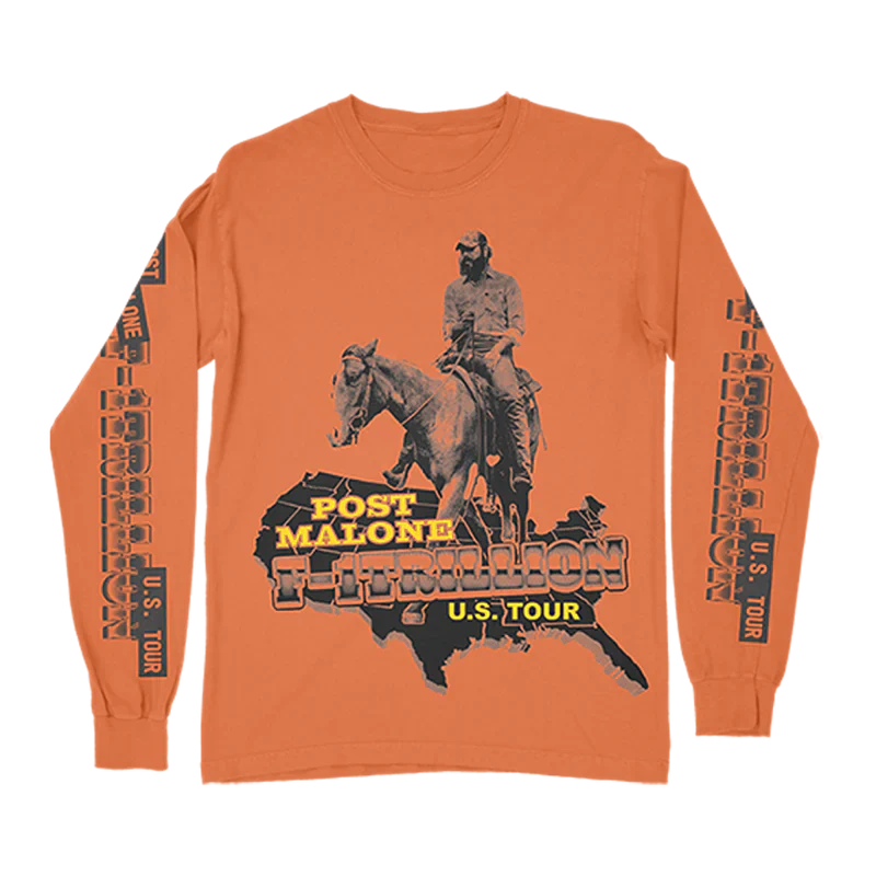 Post Malone F 1 Trillion Tour Horse Long Sleeve front view in orange featuring horseback graphic map artwork and F 1 Trillion U S Tour design
