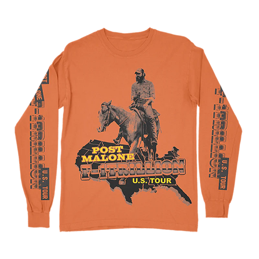 Post Malone F 1 Trillion Tour Horse Long Sleeve front view in orange featuring horseback graphic map artwork and F 1 Trillion U S Tour design