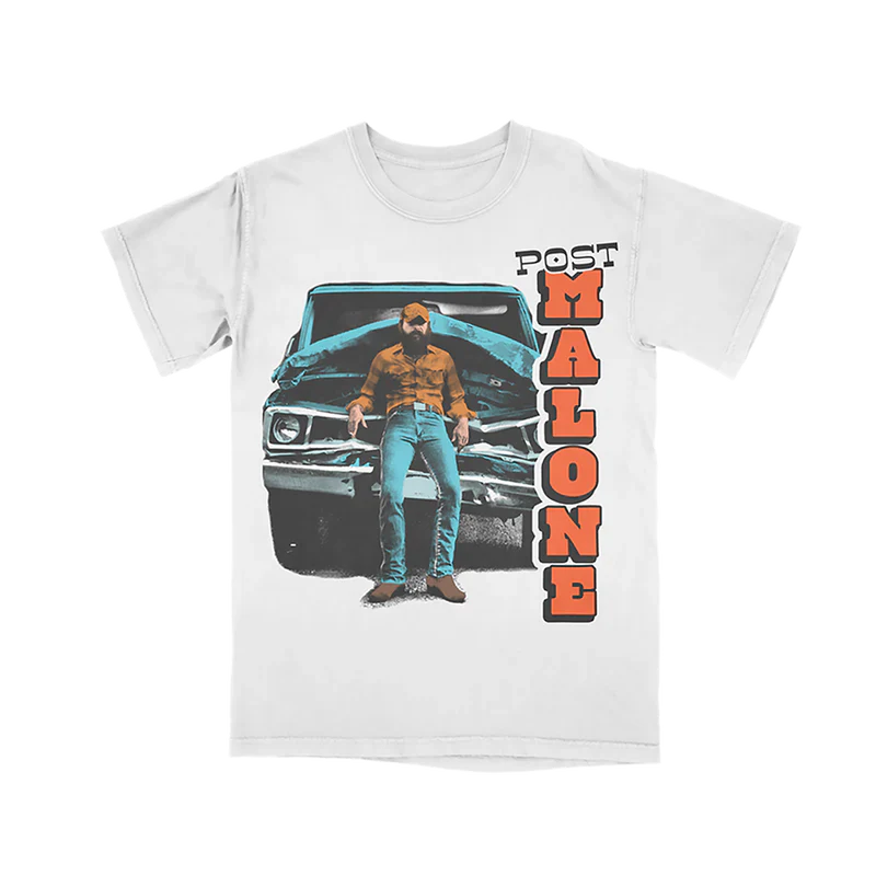Post Malone F-1 Trillion Truck T-Shirt front view featuring western portrait graphic with vintage truck artwork from the F-1 Trillion collection on white tee