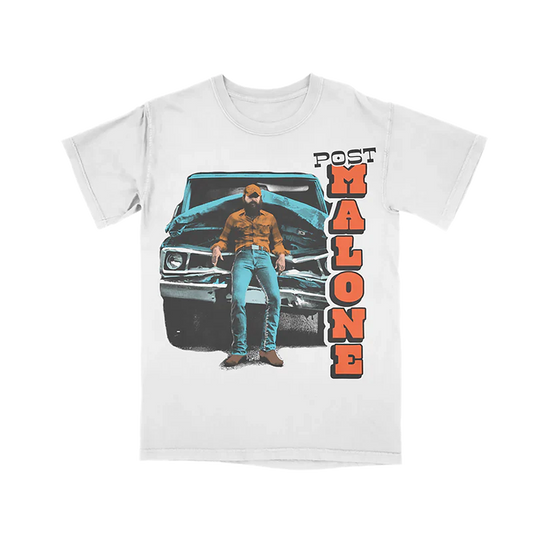 Post Malone F-1 Trillion Truck T-Shirt front view featuring western portrait graphic with vintage truck artwork from the F-1 Trillion collection on white tee