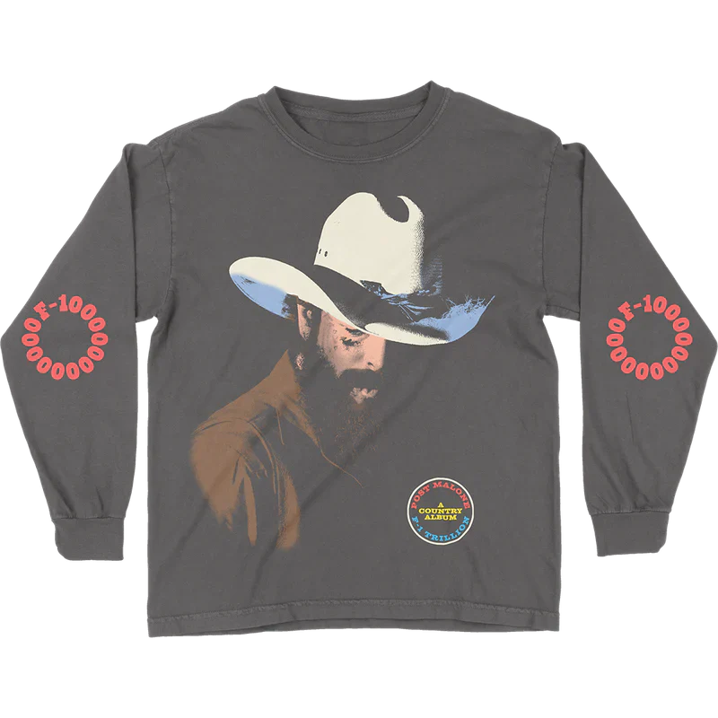 Post Malone F 1 Trillion Western Longsleeve front view in washed grey featuring cowboy hat portrait graphic country album badge and F 1 Trillion sleeve print artwork inspired by the album era
