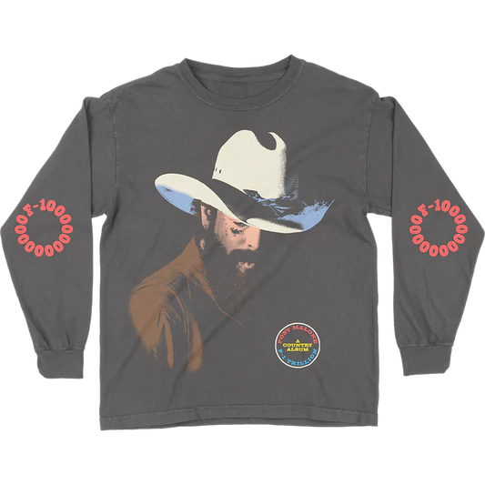 Post Malone F 1 Trillion Western Longsleeve front view in washed grey featuring cowboy hat portrait graphic country album badge and F 1 Trillion sleeve print artwork inspired by the album era