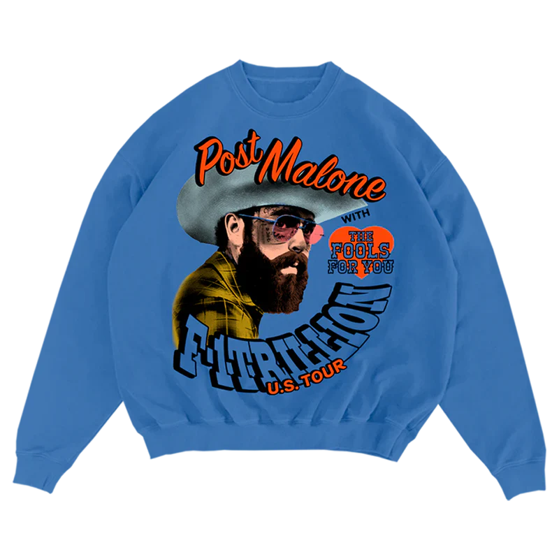 Post Malone F 1 Trillion With Fools Crewneck front view in blue featuring cowboy portrait graphic The Fools For You artwork and F 1 Trillion U S Tour inspired design on crewneck sweatshirt