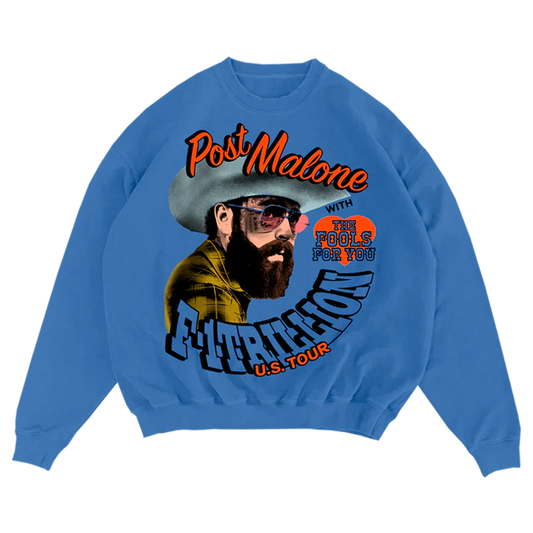 Post Malone F 1 Trillion With Fools Crewneck front view in blue featuring cowboy portrait graphic The Fools For You artwork and F 1 Trillion U S Tour inspired design on crewneck sweatshirt