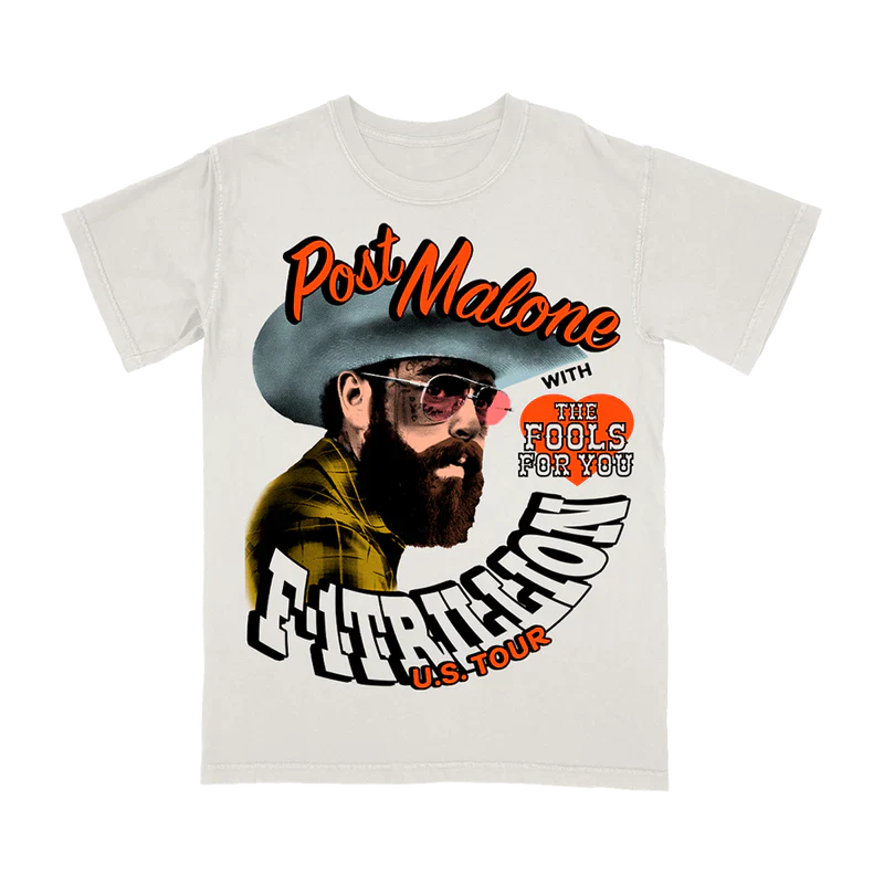 Post Malone F-1 Trillion With Fools Tour Tee front view featuring cowboy portrait graphic and U.S. Tour artwork inspired by The Fools For You collaboration from the F-1 Trillion era